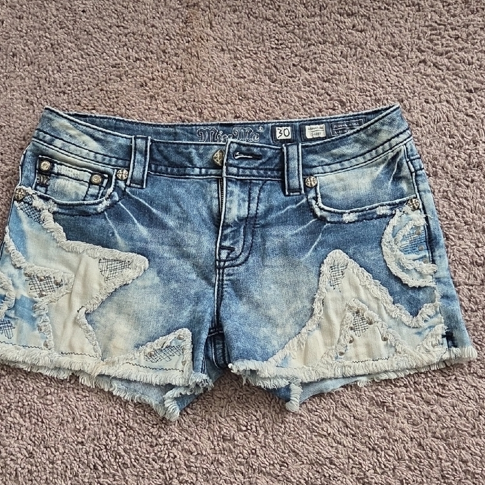 Miss Me Distressed Blue Jean Shorts with Star Design